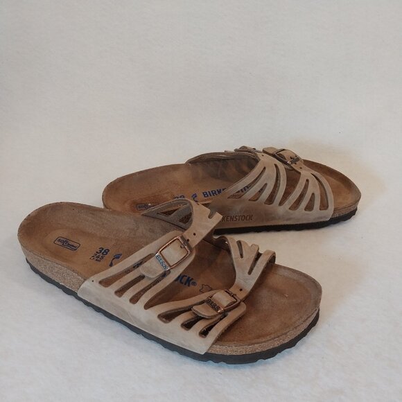 Birkenstock Sandals 38 US 7 7.5 Granada Beige Tabacco Brown Leather Soft Footbed - Picture 1 of 12